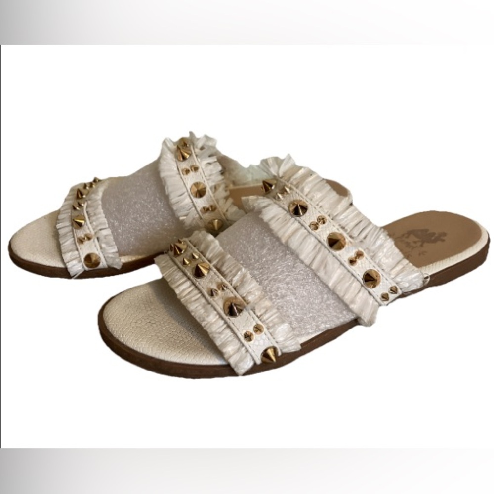 Camel Threads Women's Size 7.5 Blair Pearl Boho Fringe Gold Spike Sandal